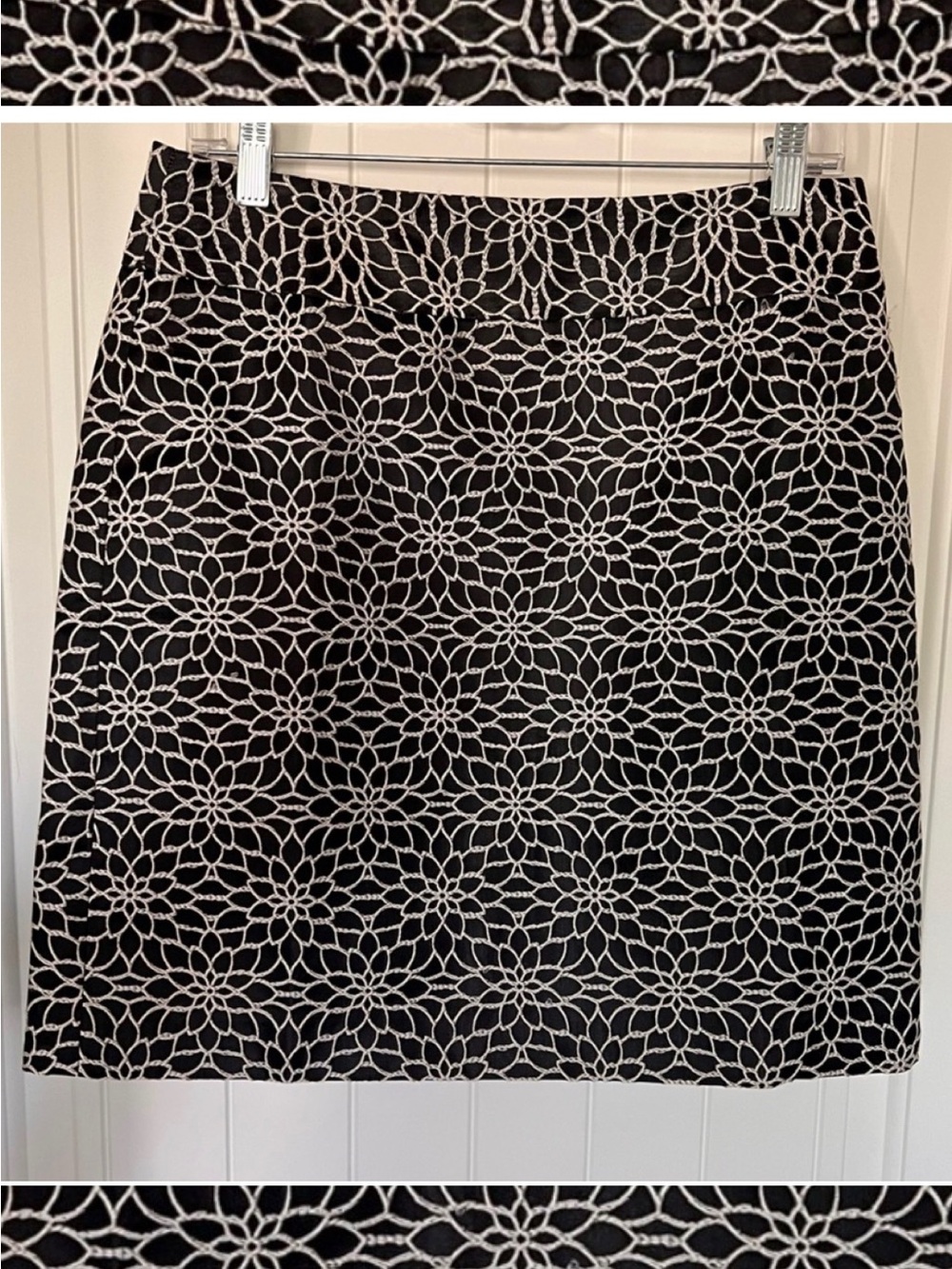 Ann Taylor Black and White Embroidered Floral Side Zipper Line Skirt, Size 8